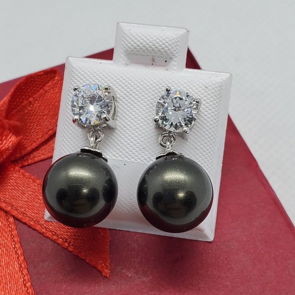 925 Silver CZ and Dangling Pearl Earrings - Picture 1 of 6